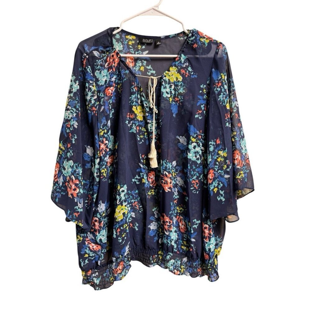 a.n.a Floral Peasant Blouse 2X Navy Multicolor Boho Tassel Tie Sheer